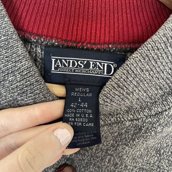 Vintage Lands End Mens Knit Sweater L 42-44 Gray Red Green Striped Wool Cotton B - Picture 3 of 7